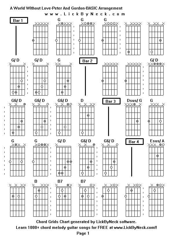 Chord Grids Chart of chord melody fingerstyle guitar song-A World Without Love-Peter And Gordon-BASIC Arrangement,generated by LickByNeck software.